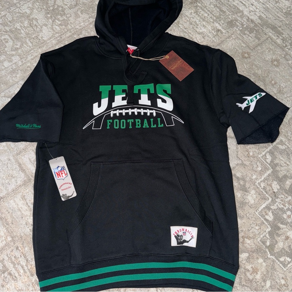 NWT Mitchell & Ness - New‎ York Jets Pre-Game Hoodie - Men's M Short Sleeve-F
